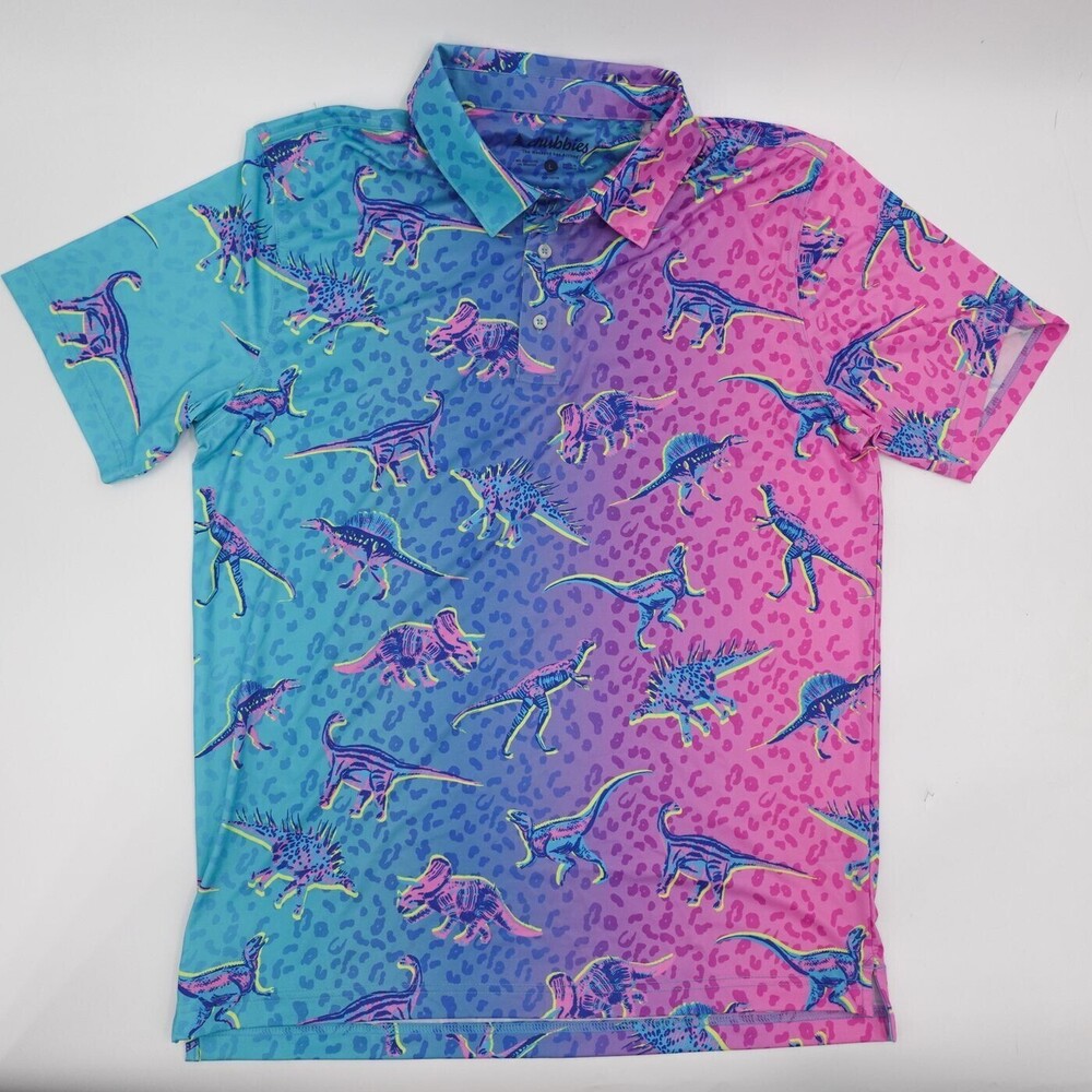 Chubbies Polo Mens Large Multicolor Performance Graphic Dinosaur Print Weekend